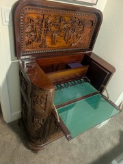George Zee Mid Century Asian Hand Carved Teak Dry Bar Cabinet