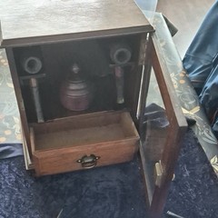 Antique Wooden Smokers Cabinet Including 21x Pipes and a tin see pics