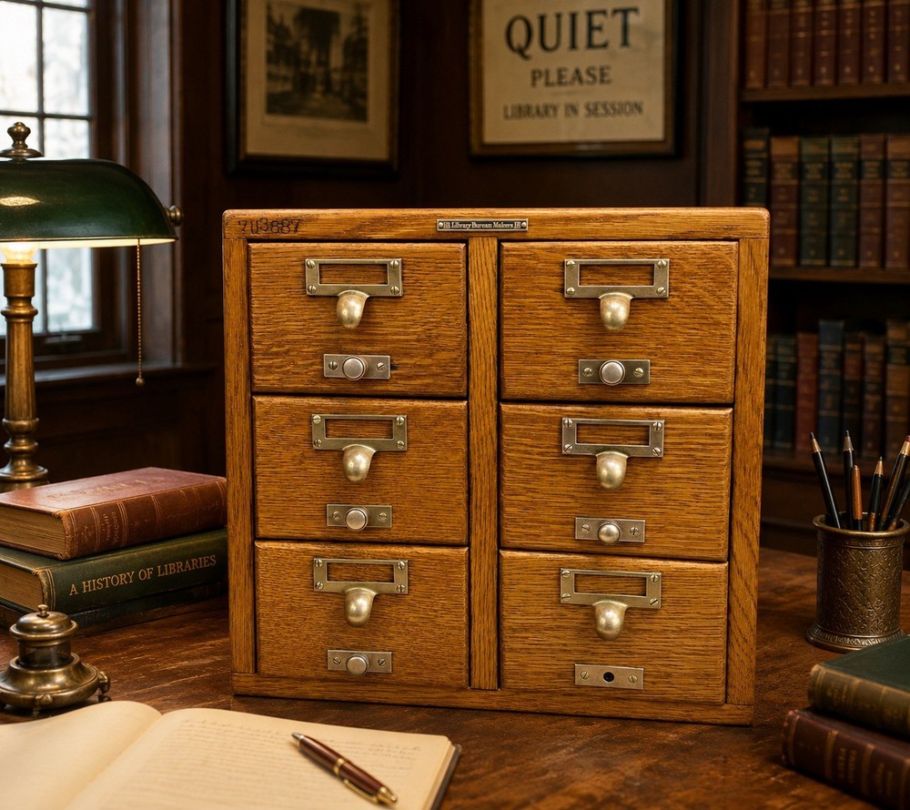 Antique Wood Tiger Oak Library Bureau Maker 6 Drawer Card Catalog File Cabinet