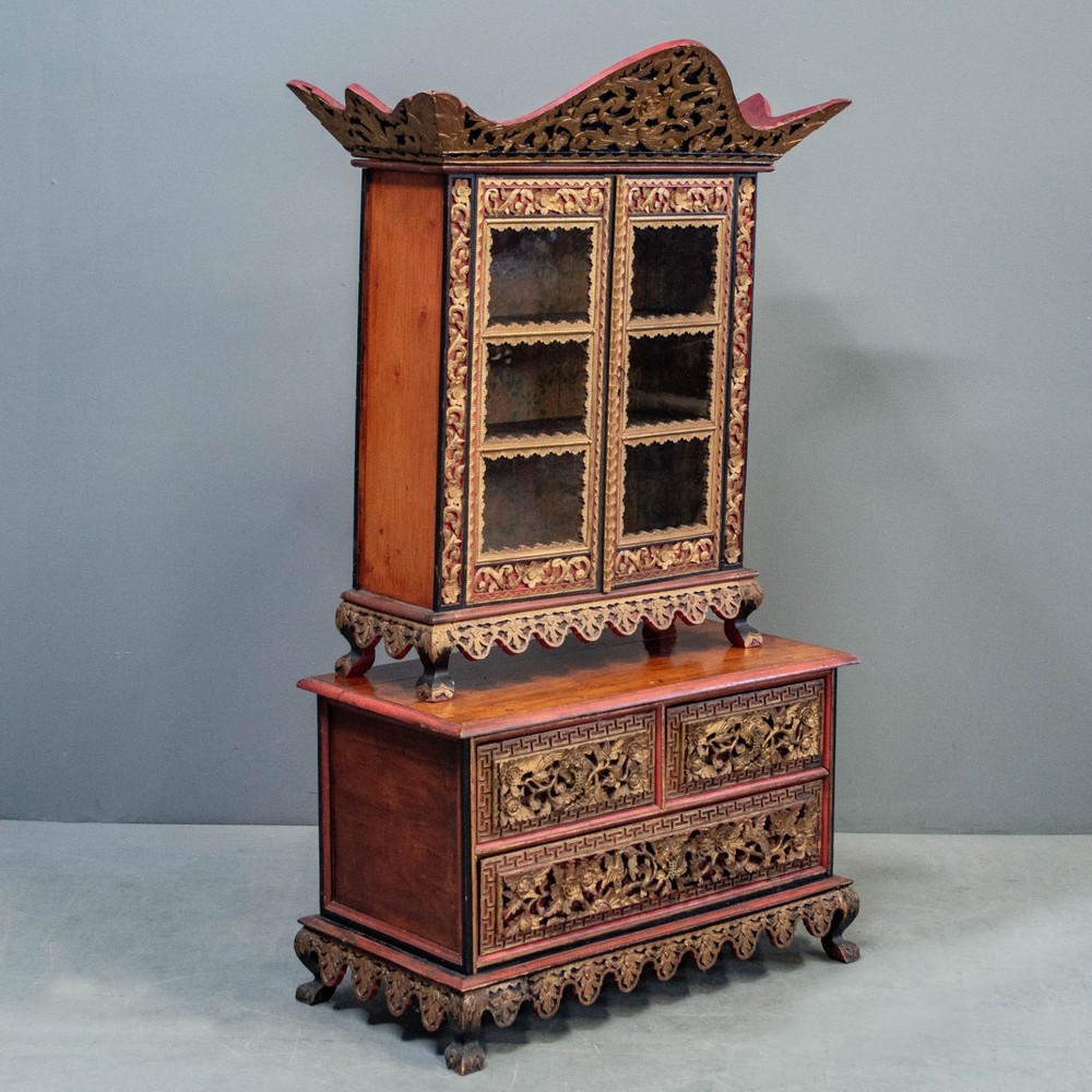 Indian Carved & Painted 2 Piece Sumatra Cabinet