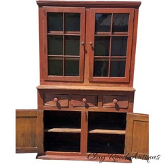 Antique Red painted 12 light primitive cupboard step back farm house country