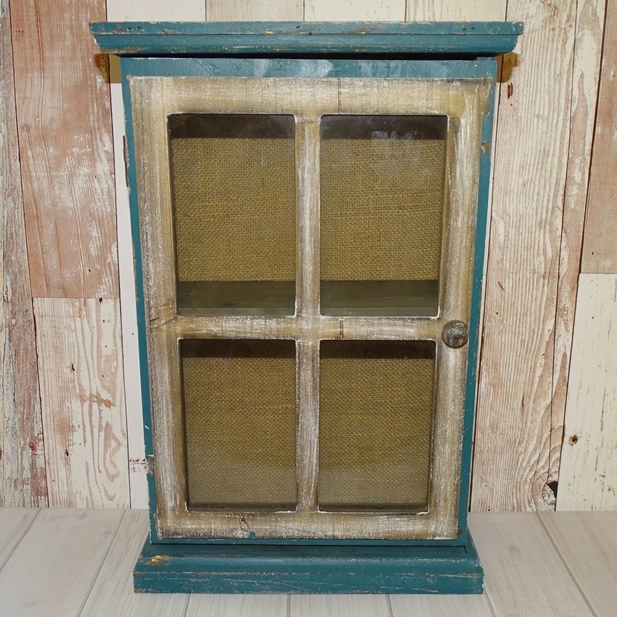 Primitive American Country Display Cupboard Cabinet Blue Paint Wall or FreeStand