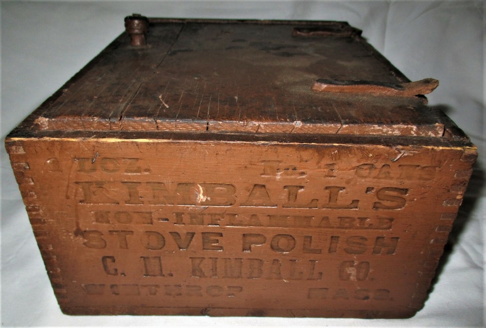 ANTIQUE COUNTRY PRIMITIVE KIMBALLS STOVE POLISH MA USA WOOD BOX CABINET CUPBOARD