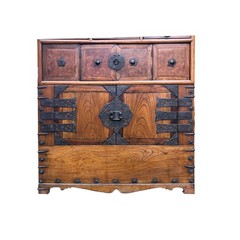Asian Pattern Brown Black Hardware Drawers Accent Storage Cabinet GB319