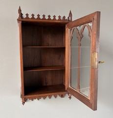 French Antique Gothic Revival Solid Oak and Walnut Wood Bar or Wall Cabinet