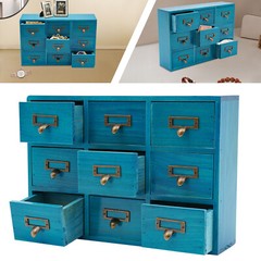 Desk Drawer Organizer Wooden Rustic Cabinet with 9 Drawers Blue