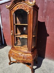 Antique Curio Bombay style Cabinet Carved Wood & Glass 3 Shelves