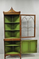 Antique English Adams Style Green Hand Painted Narrow Corner China Cabinet