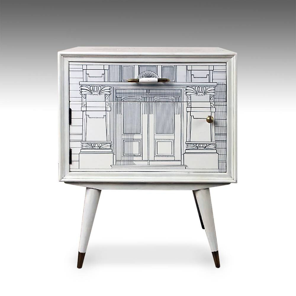 MANNER OF FORNASETTI ONE DRAWER ONE DOOR PAINTED SIDE CABINET ITALY CIRCA 1960