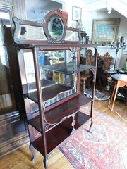 Tall Victorian Carved Dark Mahogany Etagere With Beveled Mirrors 60 1/4″h