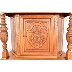 Antique English Jacobean Carved Oak and Burl Wood Bar Cabinet, Circa 1920s