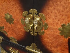 Vintage Asian Korean Tansu Style Burl Cabinet Side Table w Brass Hardware