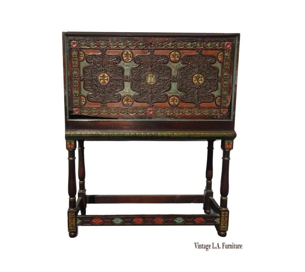 53″ H Antique Spanish Carved Vargueno Bargueno Drop Front Secretary Desk Cabinet
