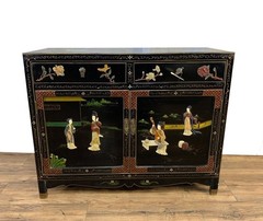 Vintage Chinese Asian Black Lacquer Cabinet Side Entry Table w Stone Onlay