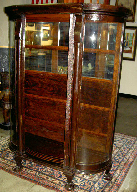 ANTIQUE OAK CURVED GLASS CHINA CUPBOARD W/BALL & CLAW FEET ESTATE AS IS BARGAIN!