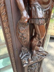 ORIEL CABINET CO. CARVED MAHOGANY MAN FIGURE CHINA CABINET