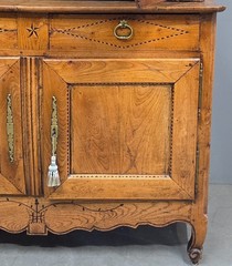 Antique French Elm Deux Corps Buffet Cabinet with Inlay and Fitted Interior
