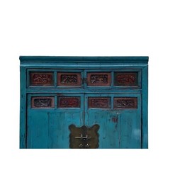 Chinese Vintage Carving Panel Tall Credenza Blue Storage Cabinet cs7515