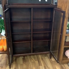 VTG 1950 Mid-Century Hand Made Walnut Wood & Glass Door 49″H Cabinet – 6 Shelf