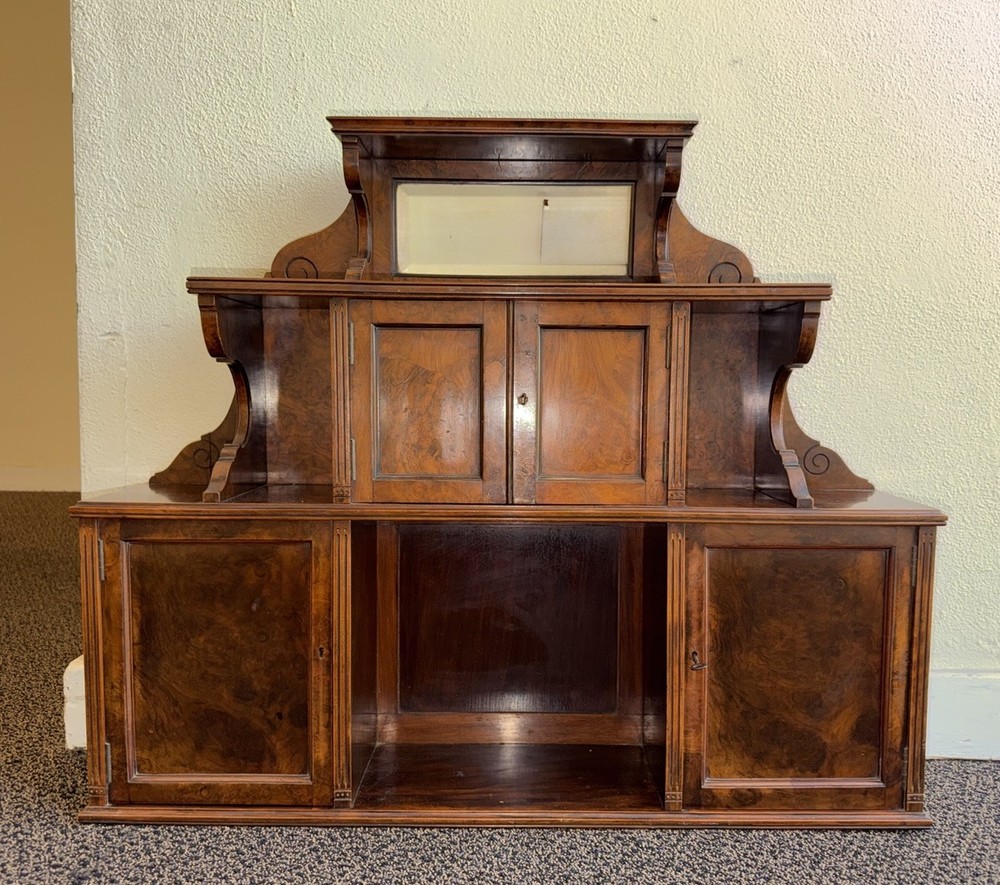 Antique Victorian English Wall Cabinet or Hutch With Burled Wood