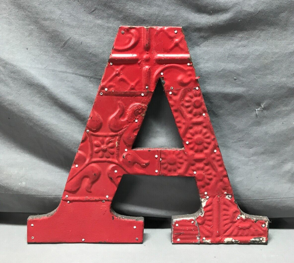 VTG Decorative Salvaged Tin Ceiling 12″ Patchwork Red Letter A Metal Old 363-25B