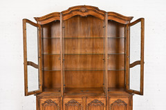 Drexel Heritage French Provincial Carved Oak Lighted Breakfront Bookcase Cabinet