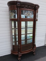 Late 1800s Large Tall Tiger Oak Leaded Stain Glass Curio Cabinet Cupboard 6573