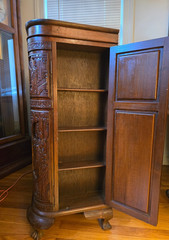 George Zee Style Mid-Century Asian Heavily Hand Carved Flip Top Dry Bar Cabinet