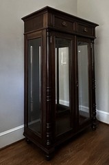 Antique Brown Wood Glass Display Cabinet with Drawers, Brass Handles, 56″ Tall