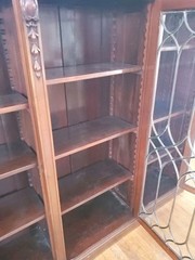 Antique Wood China Cabinet with Leaded Crystal Glass Panels 70″ Wide 3 Doors Key