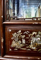 Antique Cabinet Glass Front Hand Carved Asian Motifs & Mother-of-Pearl Designs