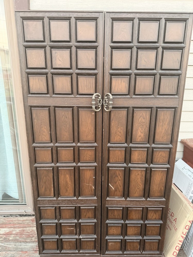 Antique Brown Freestanding Cabinet 48x20x72 2 Hinged Raised Panel Doors Shelf