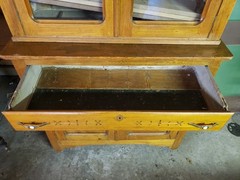 Antique Step-Back Cupboard Hutch Glass Doors Drop-Front Desk Engraved Panels