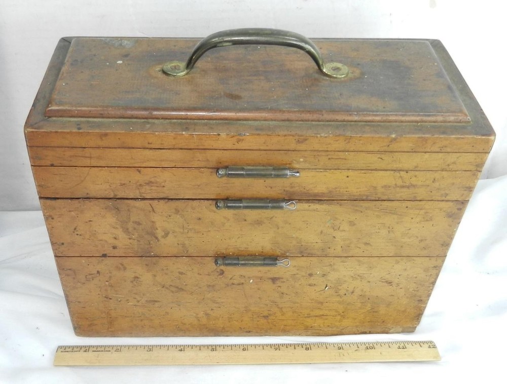 Unusual Antique 3 Section Wood Tool Box Machinist Parts Jewelry Razors Cabinet