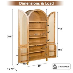 71″ Tall Rattan Cabinet, Arched Doors Adjustable Shelves, Farmhouse Oak