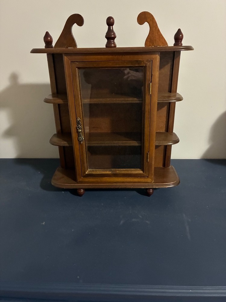 Vintage Glass Front Wooden Curio Hanging 15” Display Cabinet