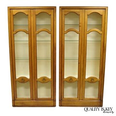 Vintage Baker Hollywood Regency Cherry Wood 2 Door Curio Cabinet Bookcase – Pair