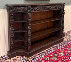 Antique French Renaissance Revival Style Carved Bookcase Bookshelf Oak c.1890s