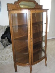 ANTIQUE Larkin Co Oak China Cabinet Curved Glass Backsplash w/Beveled Mirror