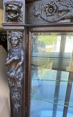 R. J. HORNER FINEST FIGURAL MAIDEN BOWED GLASS OAK CHINA CABINET