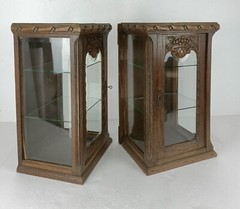 Pair Exquisite Antique Cabinets Beveled Glass hand carved Wood gorgeous Display