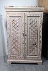 Vintage Shabby Chic Painted Floral Carved Wood Cabinet – Morrocan Indian Shelf