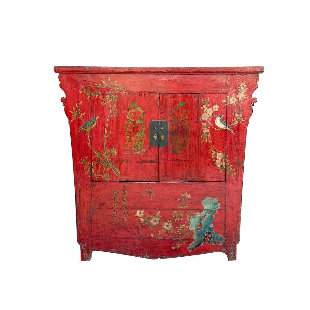 Vintage Red Golden Flower Birds Scenery Armories Storage Cabinet cs6035