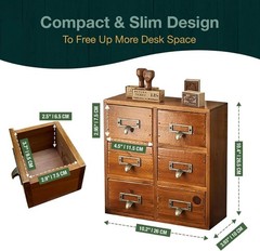 Vintage Card Catalog Drawers for Desktop – 6-Drawer Mini Wood Desktop Cabinet fo