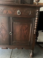 Tomlinson 1930s/40s Jacobean Revival Gothic Carved Romano Oak Court Cupboard