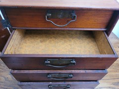 Early 20th Walnut Collectors Curio Cabinet Stones “Popular” 4 Drawers & Key