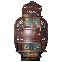 Sale-Important Japanese Wall Etagere Display Cabinet with Inlay Design, 19th C
