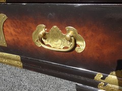 Vintage Asian Korean Tansu Style Burl Cabinet Side Table w Brass Hardware