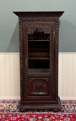 Antique French Breton Bookcase Armoire Linen Cab Wavy Glass Carved Chestnut 19th
