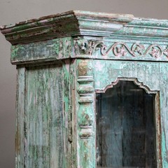 Vintage Indian 2 Door Carved & Painted Glass Front Cabinet